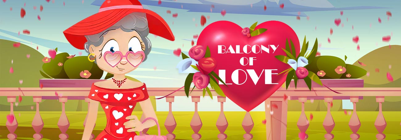 Cartoon woman in heart-patterned outfit on a balcony with balloon and falling petals