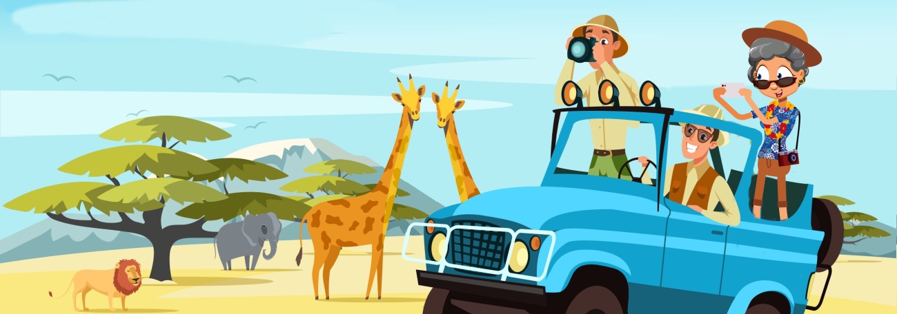 illustration of a jeep with safari tourists in Africa