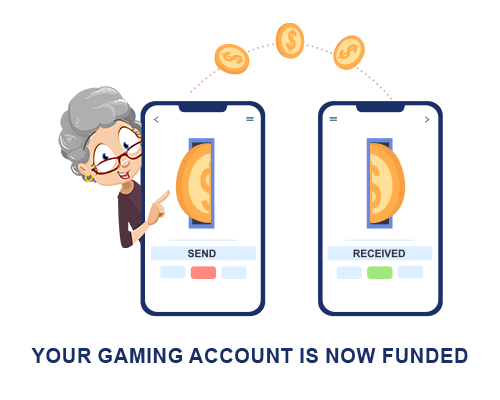 two smarphones where one is sending and one is receiving the crypto transaction with below a lettering saying "Your gaming account is now funded"