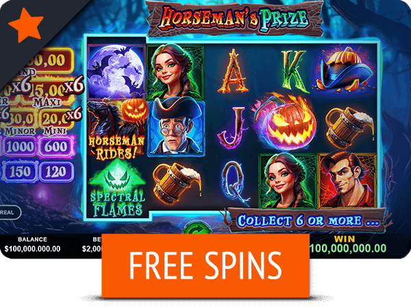 Horseman’s Prize slot game screen with spectral flames, pumpkins, and spooky characters
